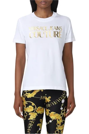 VERSACE Koszulki, Kobieta, Biały, 2XS, Luksusowy T-shirt z logo dla kobiet