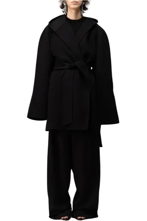 Balenciaga Płaszcze, Kobieta, Czarny, L, Len, Czarny Płaszcz z Kapturem