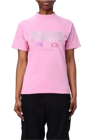 Balenciaga Koszulki, Kobieta, Różowy, XS, Len, Paris Rhinestone Tee Różowy Elegancki Kobiety