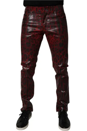 Dolce & Gabbana Spodnie, Mężczyzna, Czerwony, M, Denim, Leopard Print Skinny Denim Jeansy