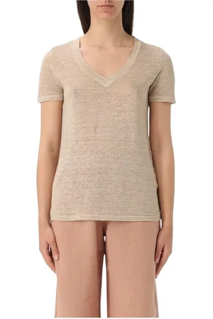 120% Lino Koszulki, Kobieta, Beżowy, M, Granatowy T-shirt z lnu z dekoltem w serek