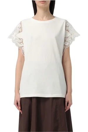 Twin-Set Koszulki, Kobieta, Biały, 2XL, Biała Koronkowa Bawełniana Bluzka