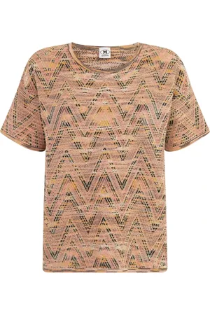 M Missoni Koszulki, Kobieta, Wielobarwność, L, Wełna, Zig Zag Print Beige T-Shirt