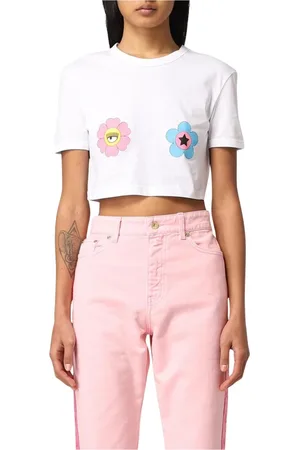 Chiara Ferragni Koszulki, Kobieta, Biały, L, Eyestar Flowers Print Cropped T-Shirt