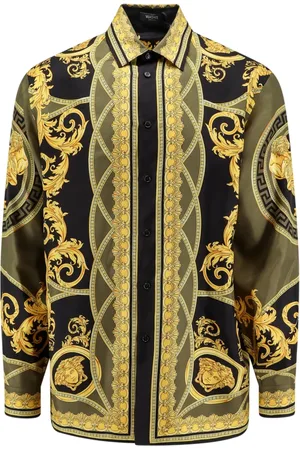 VERSACE Koszule, Mężczyzna, Wielobarwność, S, Czarna Jedwabna Koszula Kołnierzyk