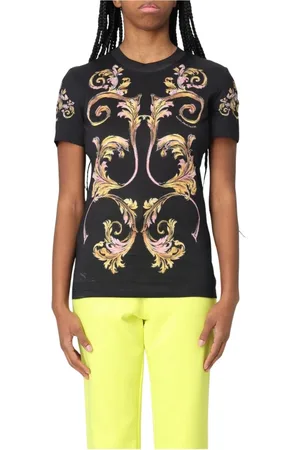 VERSACE Koszulki, Kobieta, Czarny, S, Barokowy Wzór Stylowy Czarny T-shirt