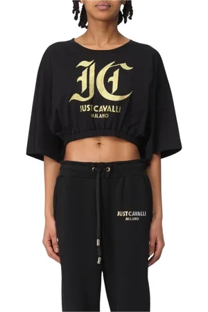 Roberto Cavalli Koszulki, Kobieta, Czarny, S, Czarna Koszulka z Haftem