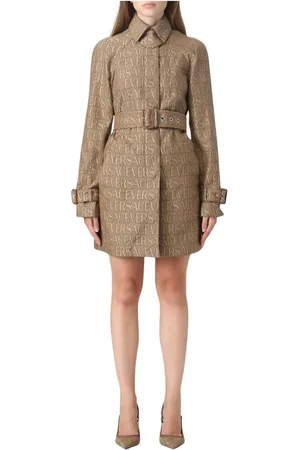 VERSACE Płaszcze, Kobieta, brązowy, S, Brązowy Płaszcz Trench z Nadrukiem Loga