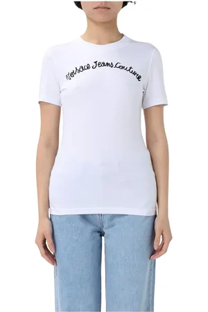 VERSACE Koszulki, Kobieta, Biały, M, Czarna Koszulka z Logo Chic Modern