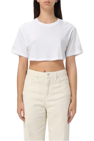 Armani Exchange Koszulki, Kobieta, Biały, S, Biały Crop Top z Kamieniami