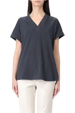 Brunello Cucinelli Bluzki, Kobieta, Niebieski, S, Niebieski Chain Detail Tee