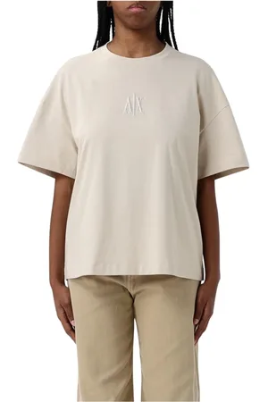 Armani Exchange Koszulki, Kobieta, Beżowy, L, Biała Koszulka z Logo