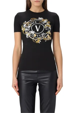 VERSACE Koszulki, Kobieta, Czarny, L, Biała Koszulka Slim Fit z Logo