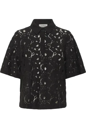 Soaked in Luxury Koszulki, Kobieta, Czarny, M, Nylon, Czarna Koszulka Polo z Haftem Angielskim