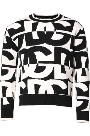 Dolce & Gabbana Swetry, Mężczyzna, Wielobarwność, M, Kaszmir, Czarno-Biały Sweter z Nadrukiem Logo