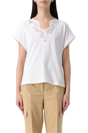 Twin-Set Koszulki, Kobieta, Biały, L, Biała Koronkowa T-Shirt z Dekoltem w Serek