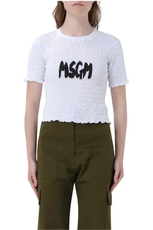Msgm Koszulki, Kobieta, Biały, M, Biała Koszulka z Fakturowanym Materiałem i Krótkim Rękawem