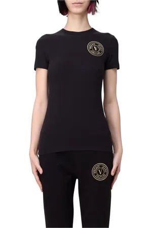 VERSACE Koszulki, Kobieta, Czarny, XS, Luksusowy Czarny T-shirt z Graficznym Nadrukiem
