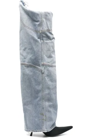Balenciaga Buty, Kobieta, Niebieski, 40 EU, Len, Czarne skórzane buty za kolano z noskiem w kształcie litery V
