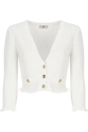 Elisabetta Franchi Swetry, Kobieta, Beżowy, M, Ruffle Trim Cardigan Shorts Set