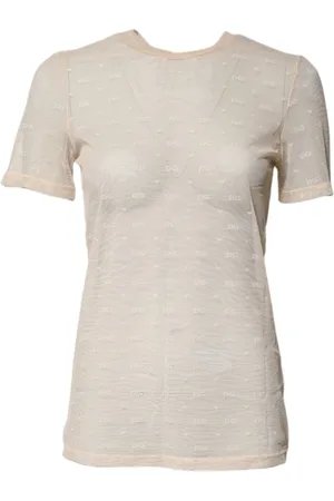 Dolce & Gabbana Koszulki, Kobieta, Beżowy, S, Nylon, Przezroczysty top w kolorze kości słoniowej z krótkimi rękawami