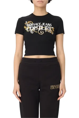 VERSACE Koszulki, Kobieta, Czarny, L, Ikoniczny Czarny T-shirt z Logo