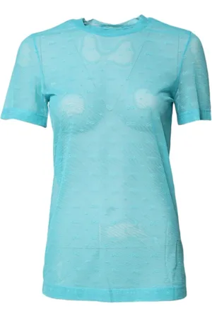 Dolce & Gabbana Koszulki, Kobieta, Niebieski, S, Nylon, Niebieski Przezroczysty Top z Logo