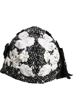 Dolce & Gabbana Akcesoria, Kobieta, Czarny, ONE SIZE, Nylon, Czarno-Biały Kapelusz Cloche z Kwiatowym wzorem