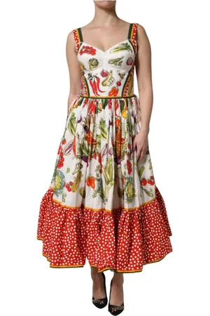 Dolce & Gabbana Sukienki, Kobieta, Wielobarwność, S, Bawełna, Biała Warzywa Sukienka Midi A-line