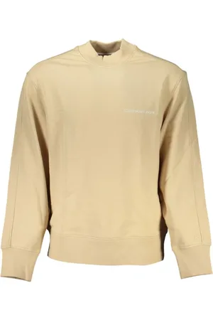 Calvin Klein Bluzy, Mężczyzna, Beżowy, L, Bawełna, Beżowy Sweter z Logo Okrągły Dekolt