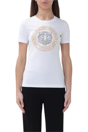 Roberto Cavalli Koszulki, Kobieta, Biały, 2XS, T-shirt z tygrysím głową i kryształkami