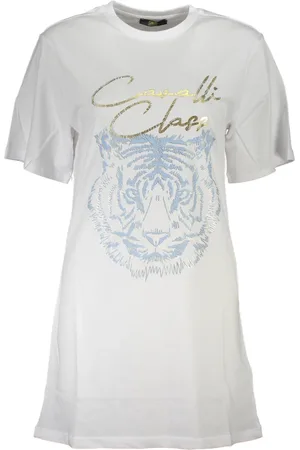 Roberto Cavalli Sukienki, Kobieta, Biały, L, Biała T-shirt z krótkim rękawem i okrągłym dekoltem