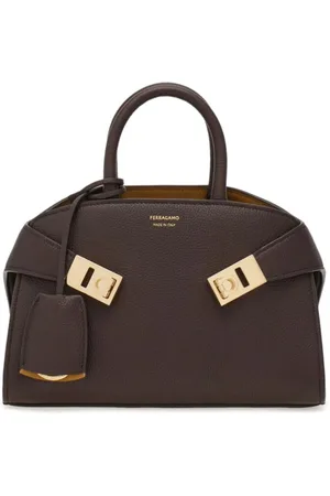 Salvatore Ferragamo Torebki, Kobieta, brązowy, ONE SIZE, Ziarnisty Skórzana Brązowa Torebka Zamykanie na Pierścień