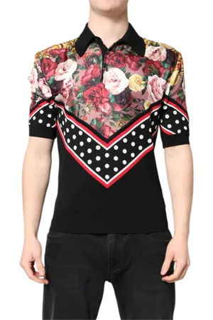 Dolce & Gabbana Koszulki, Mężczyzna, Wielobarwność, M, Czarna Koszulka z Kwiatowym Kołnierzem