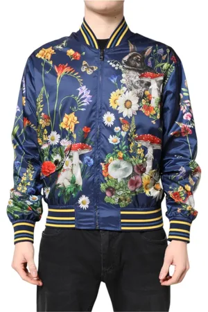 Dolce & Gabbana Kurtki, Mężczyzna, Wielobarwność, M, Niebieska Bomberka z Kwiatowym Wzorem i Zamkiem