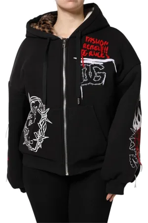 Dolce & Gabbana Bluzy, Kobieta, Czarny, S, Czarna Haftowana Kurtka z Kapturem na Zamek