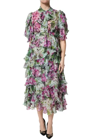 Dolce & Gabbana Sukienki, Kobieta, Wielobarwność, L, Kwiatowa jedwabna sukienka midi z warstwami