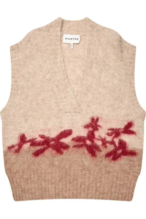Munthe Swetry, Kobieta, Beżowy, L, Elegancki Kwiatowy Sweter Bez Rękawów