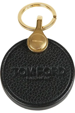 Tom Ford Akcesoria, Mężczyzna, Czarny, ONE SIZE, Okrągły skórzany brelok z wygrawerowanym logo i złotymi detalami