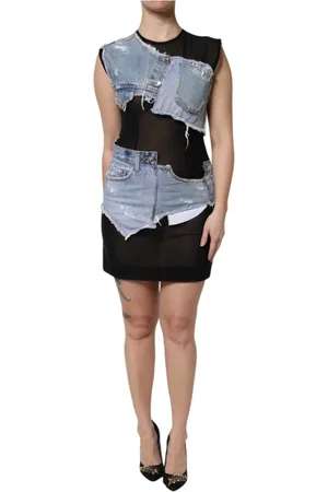 Dolce & Gabbana Sukienki, Kobieta, Czarny, S, Niebiesko-Czarna Bezrękawnikowa Sukienka Jeansyowa Mini