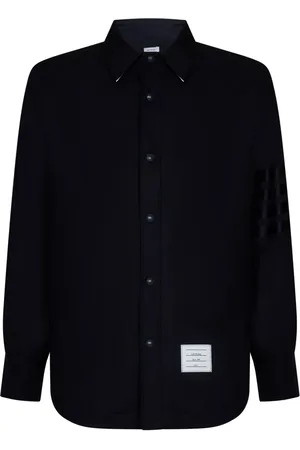 Thom Browne Koszule, Mężczyzna, Niebieski, L, Wełna, Granatowa wełniana kurtka koszulowa z detalem 4-Bar