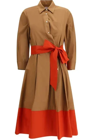 SARA ROKA Sukienki, Kobieta, brązowy, S, Elegancka Sukienka Midi z Koszulowym Kołnierzem