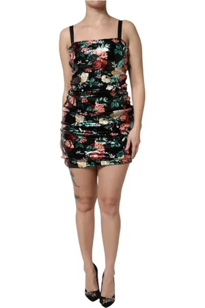 Dolce & Gabbana Sukienki, Kobieta, Czarny, XS, Czarna Kwiatowa Sukienka z Cekinami