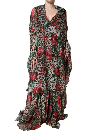 Dolce & Gabbana Sukienki, Kobieta, Wielobarwność, S, Leopard Print Roses Jedwabna Sukienka Maxi