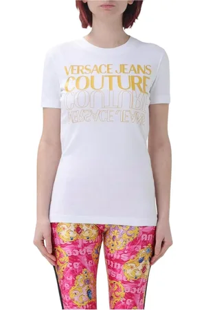 VERSACE Koszulki, Kobieta, Biały, S, Elegancka Koszulka z Logo Biała Kobieta