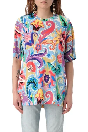Etro Koszulki, Kobieta, Wielobarwność, M, Niebieski T-shirt z jedwabnym nadrukiem Paisley