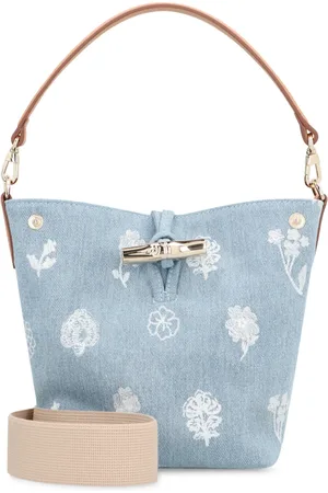 Longchamp Torebki, Kobieta, Niebieski, ONE SIZE, Denim, Kwiatowo Haftowany Pleciony Worek