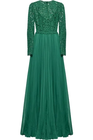 Dolce & Gabbana Sukienki, Kobieta, Zielony, S, Szyfon, Zielona Kwiatowa Koronkowa Szyfonowa Sukienka