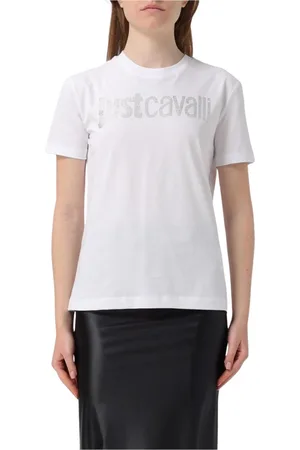 Roberto Cavalli Koszulki, Kobieta, Biały, L, Czarna Koszulka z Logo z Kamieniami