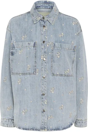 Kaffe Bluzki, Kobieta, Niebieski, 2XL, Denim, Kurtka dżinsowa z haftem kwiatowym